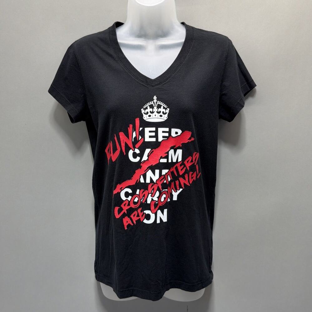 CrossFit Women's L Black Logo V-Neck T-Shirt Keep Calm Crossfitters Are Coming